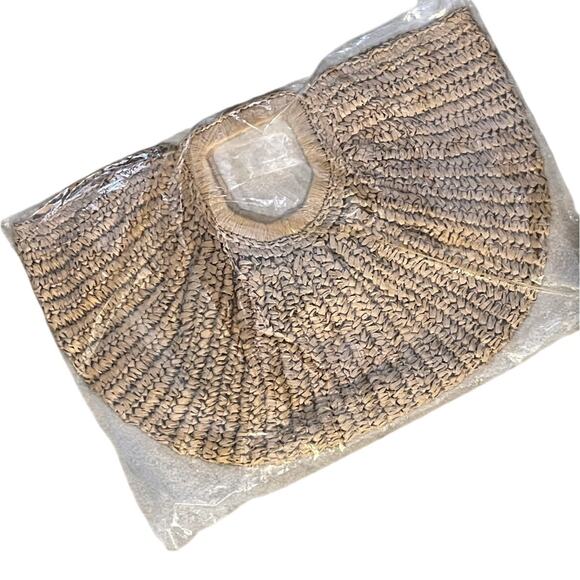 RAMLA Boho Half Moon Straw Crochet Lined Woven Hobo Clutch Handbag Tan NEW - Picture 3 of 7